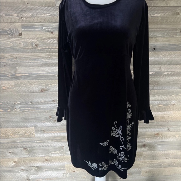 VTG Velvet Dress Sz 18 Flutter Sleeves Silver Butterflies 90s Y2K Tie Back NYE - Picture 3 of 13